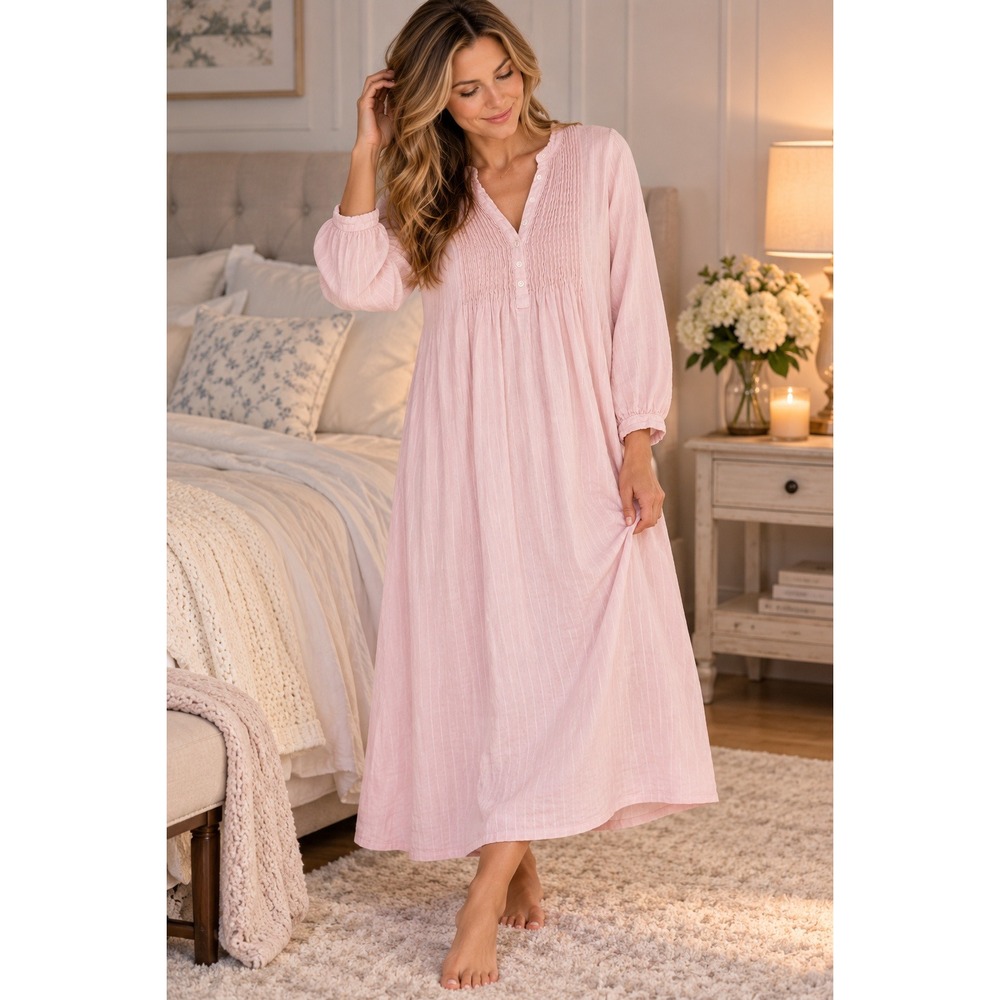 Vintage LL Bean Pink Seersucker Pintuck Cotton Nightgown Henley Sleep Dress Med